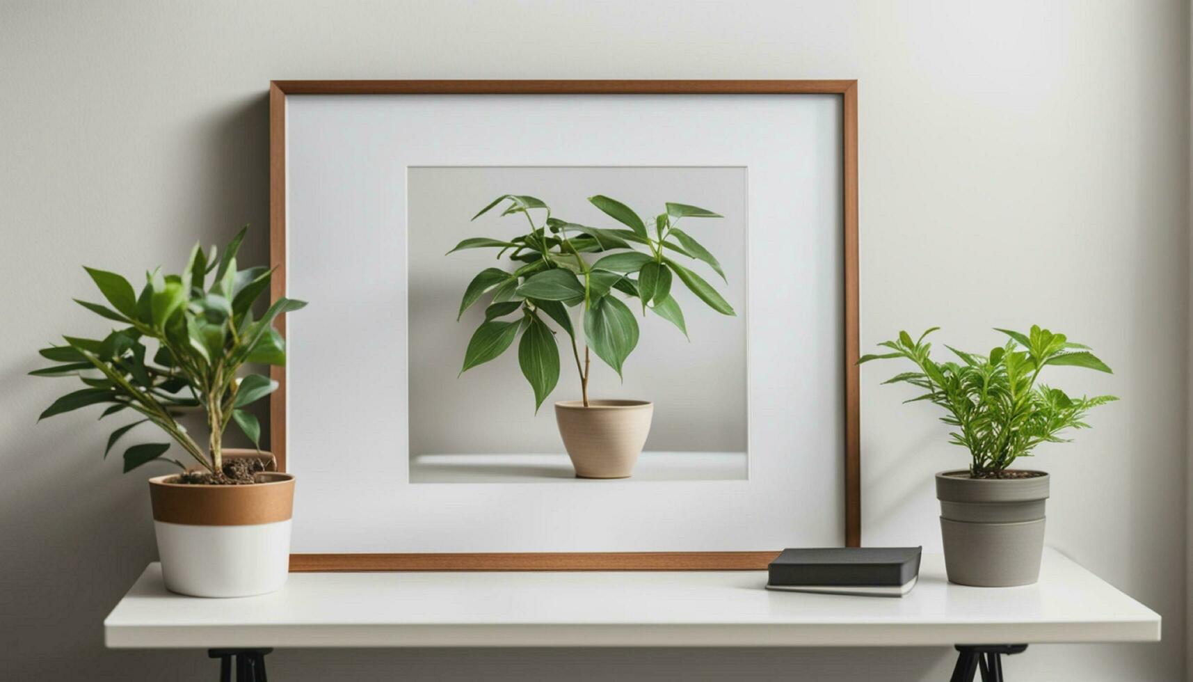 A photo of a wooden frame beside small plants