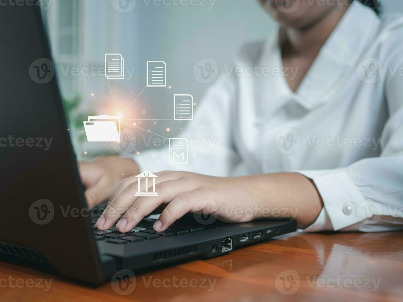 Folder document Management System DMS Open File folder with flying blank documents with computer. Data transfer backup, File Sharing, Document Transferring concept. photo