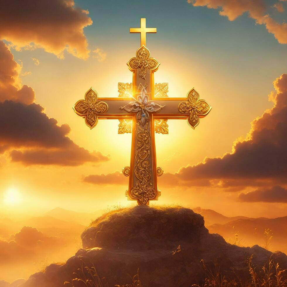 Ai generate   golden sunrise, old rugged cross, celestial, ambient, faith, hyper realistic, intricate photo