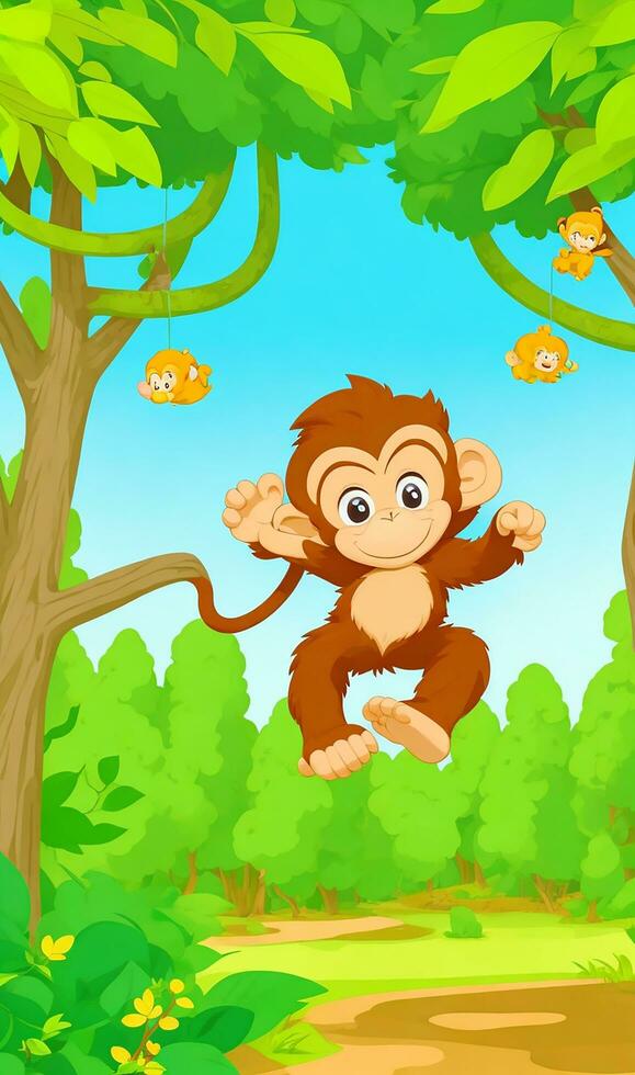ai generar Artoon ilustración mono jugando en el bosque foto