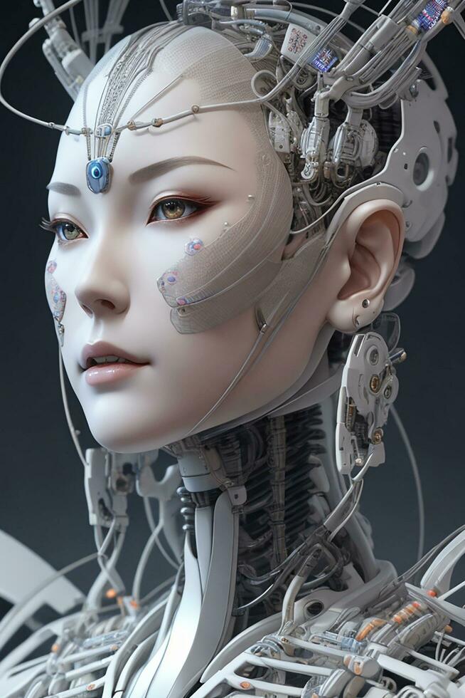 Ai generate photo Character Sheet, complex 3d render ultra detailed of a beautiful porcelain profile japan woman android face, cyborg, robotic