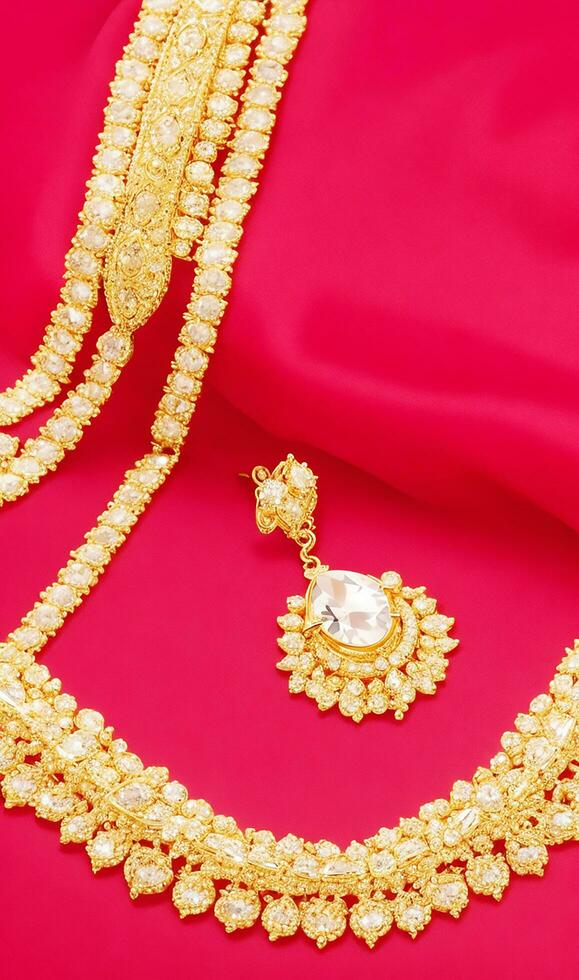 Ai generate photo Free photo a gold necklace and earrings are displayed on a red velvet surface.