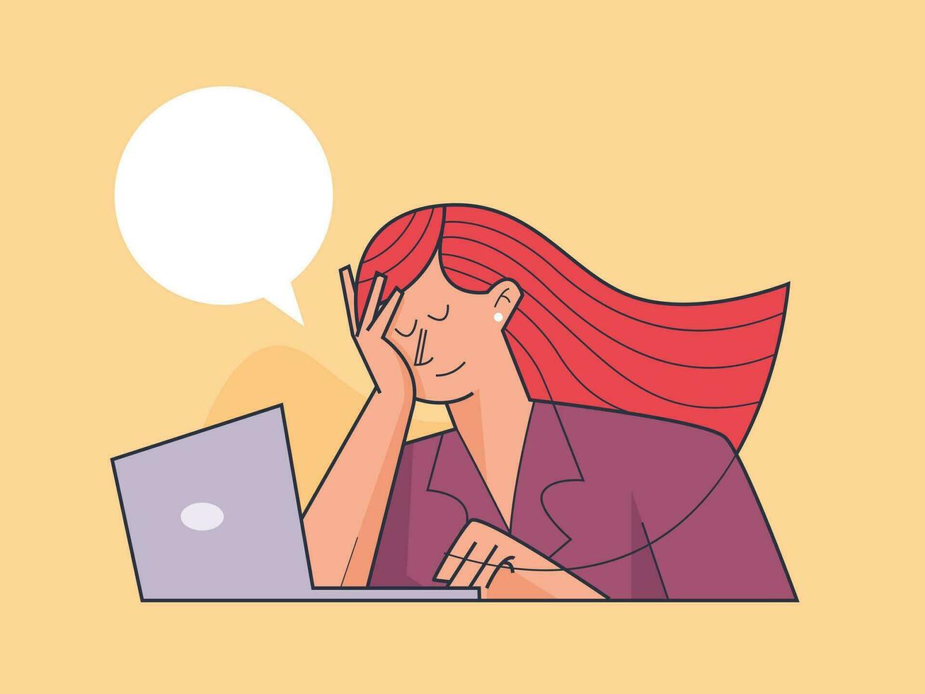Tired woman working in front of laptop vector illustration