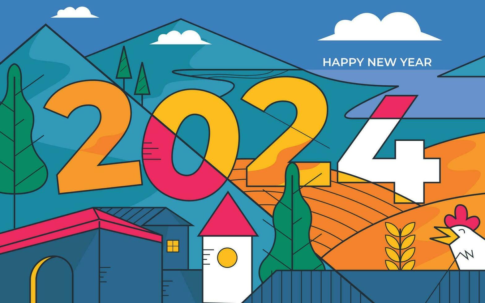 2024 contento nuevo año paisaje vector ilustración