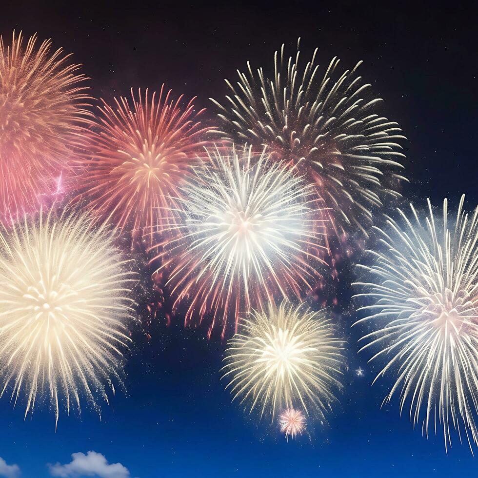 Ai generate photo high angle of fireworks for independence day with stars and copy space