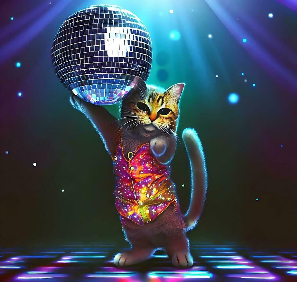 Ai generate photo A-cat-wearing-a-disco-outfit-standing-underneath-a-disco ball, digital art