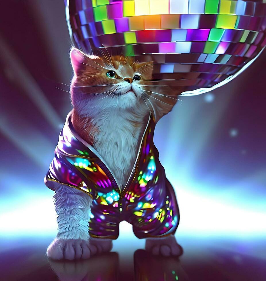 Ai generate photo A-cat-wearing-a-disco-outfit-standing-underneath-a-disco ball, digital art