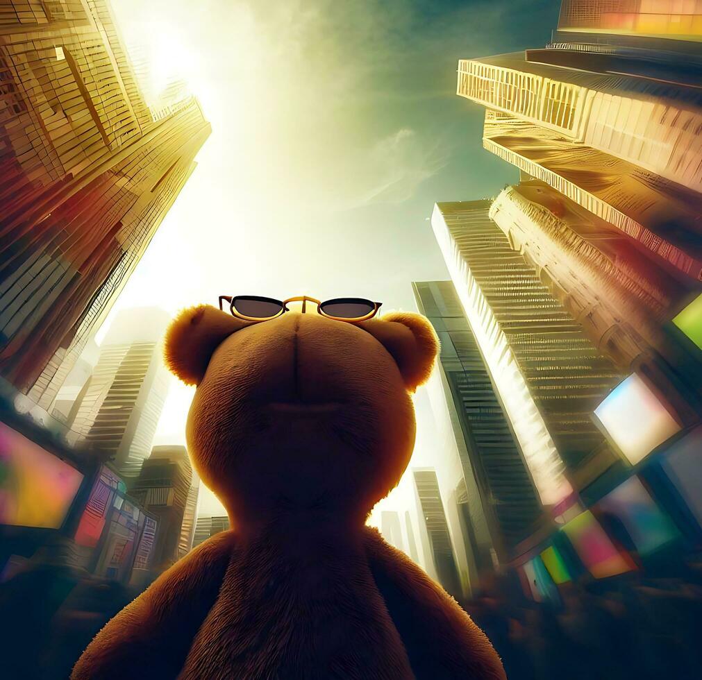 Ai generate photo A-wide-shot-of-a-teddy-bear-in-sunglasses-looking-up-at-the-tall-buildings in Times Square, digital art