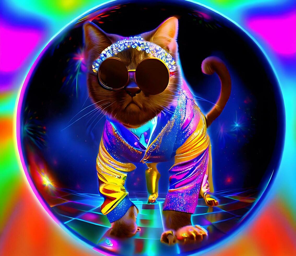 Ai generate photo A-cat-wearing-a-disco-outfit-standing-underneath-a-disco ball, digital art