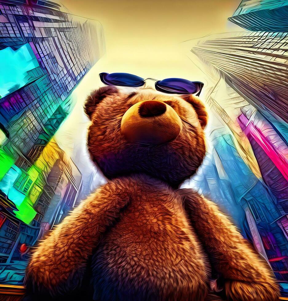 Ai generate photo A-wide-shot-of-a-teddy-bear-in-sunglasses-looking-up-at-the-tall-buildings in Times Square, digital art