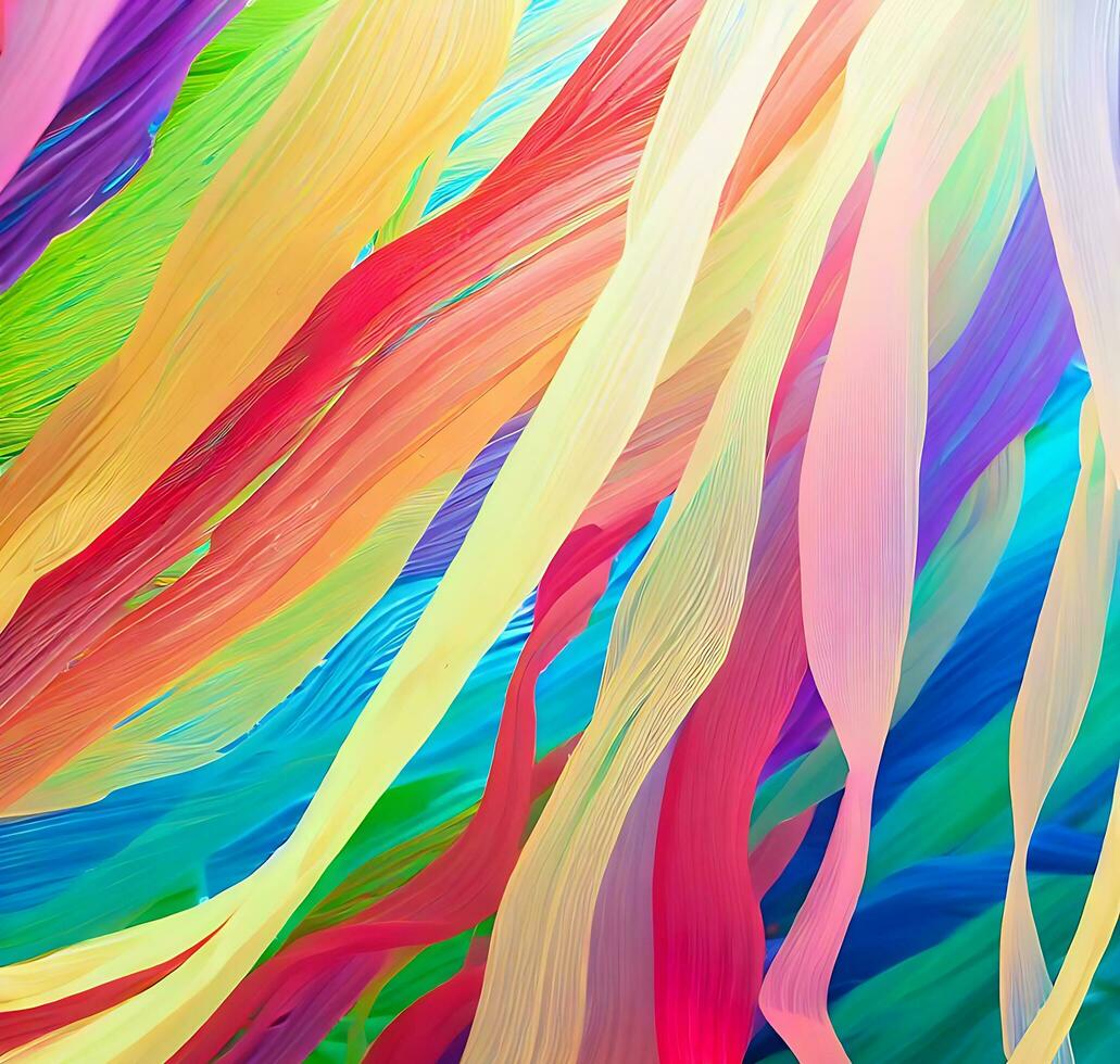Ai generate photo streamers of rainbow crepe paper are coming from all directions, pulled tight, interwoven to cover the screen, multicolor, bright, energetic, realis
