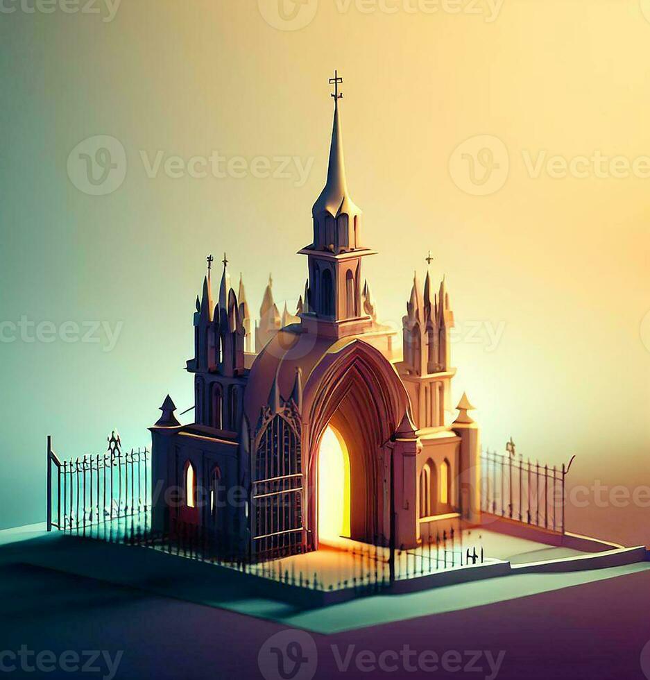 ai generate photo 3d illustration of a Church with a gate in the middle