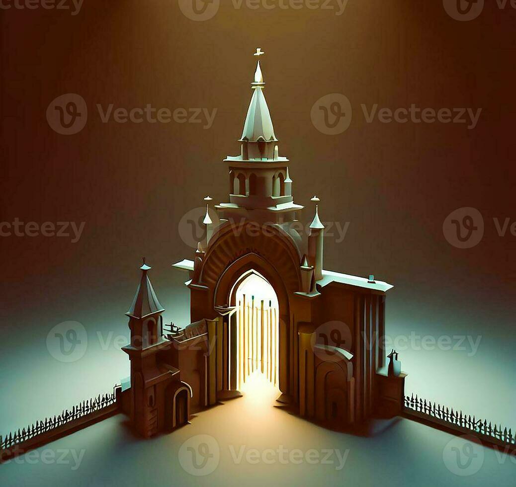 ai generate photo 3d illustration of a Church with a gate in the middle