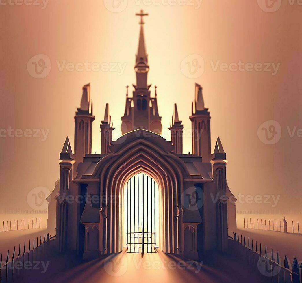 ai generate photo 3d illustration of a Church with a gate in the middle