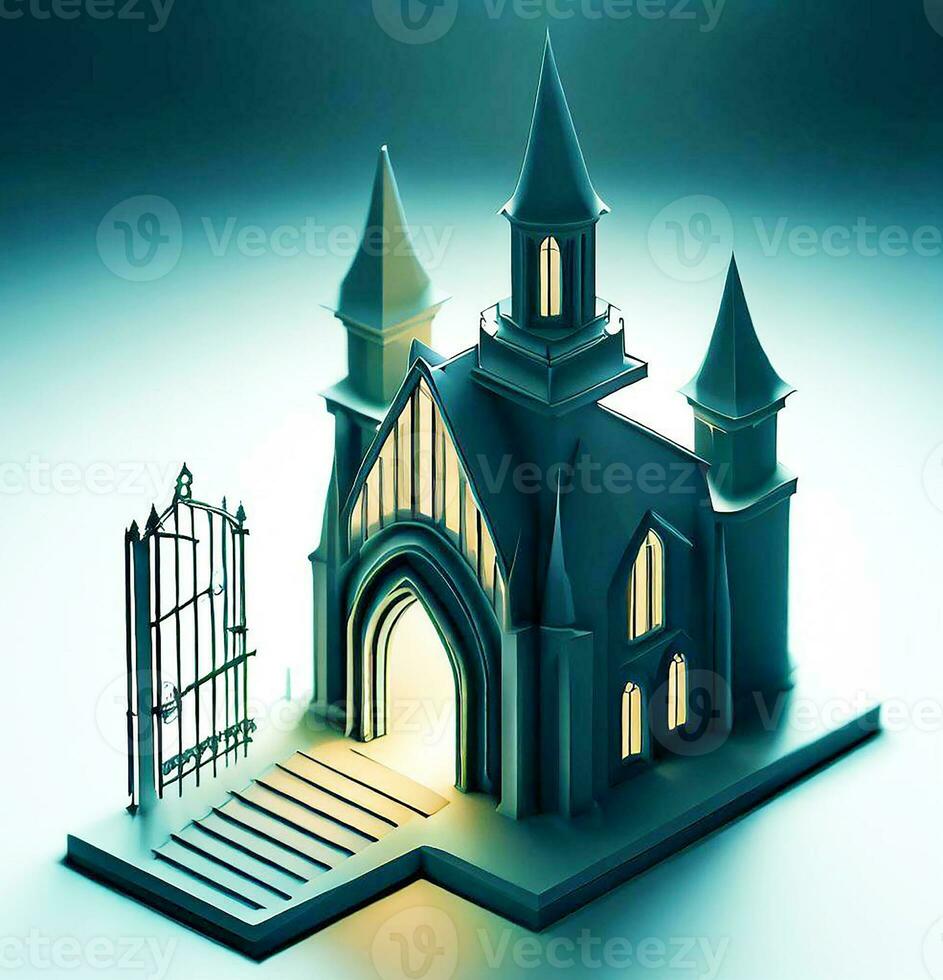 ai generate photo 3d illustration of a Church with a gate in the middle