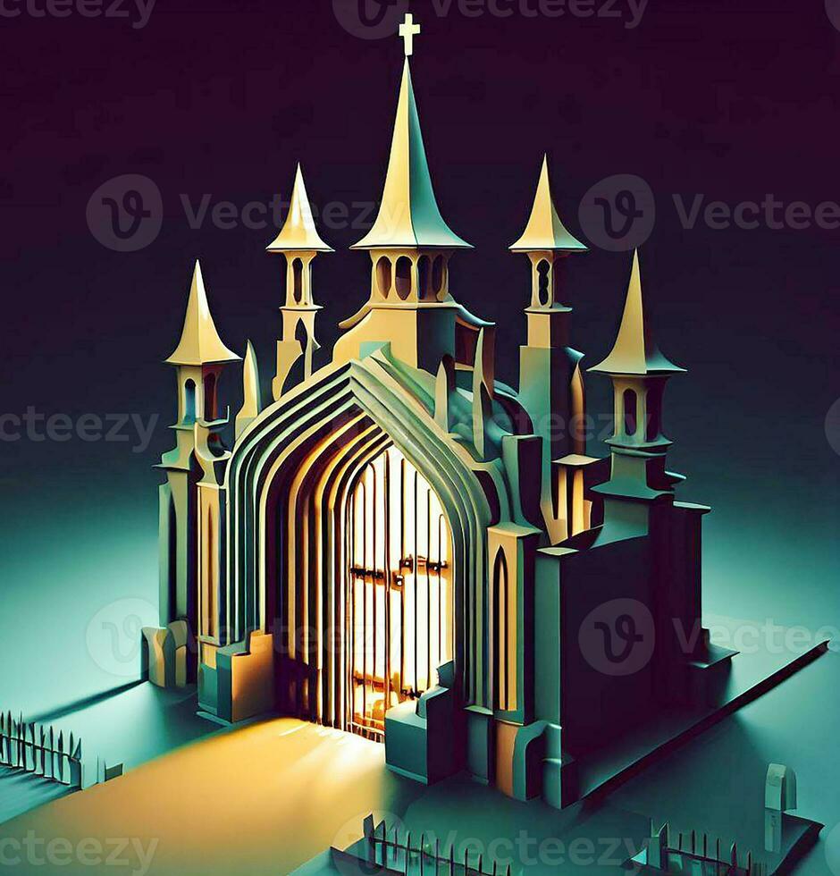 ai generate photo 3d illustration of a Church with a gate in the middle