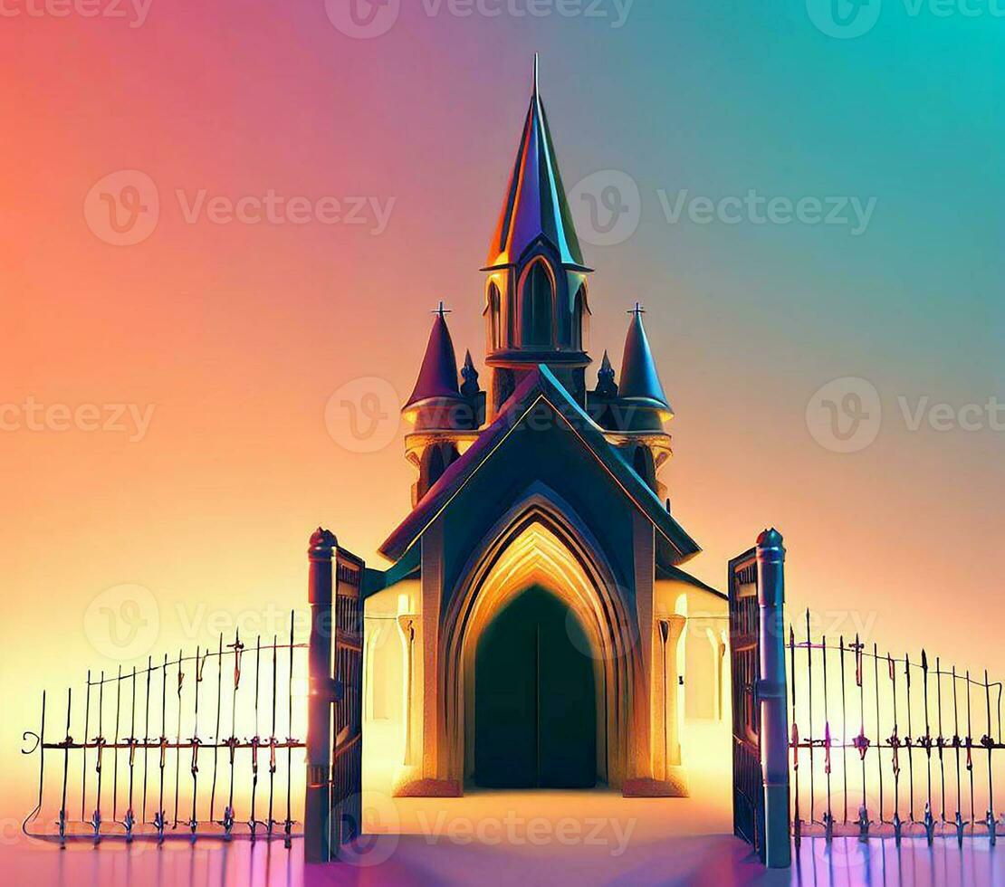 ai generate photo 3d illustration of a Church with a gate in the middle