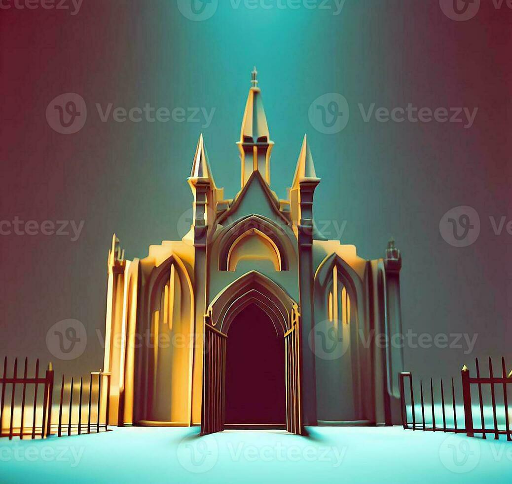 ai generate photo 3d illustration of a Church with a gate in the middle