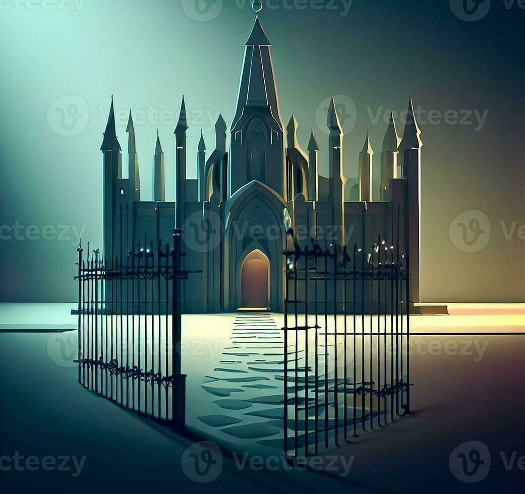 ai generate photo 3d illustration of a Church with a gate in the middle