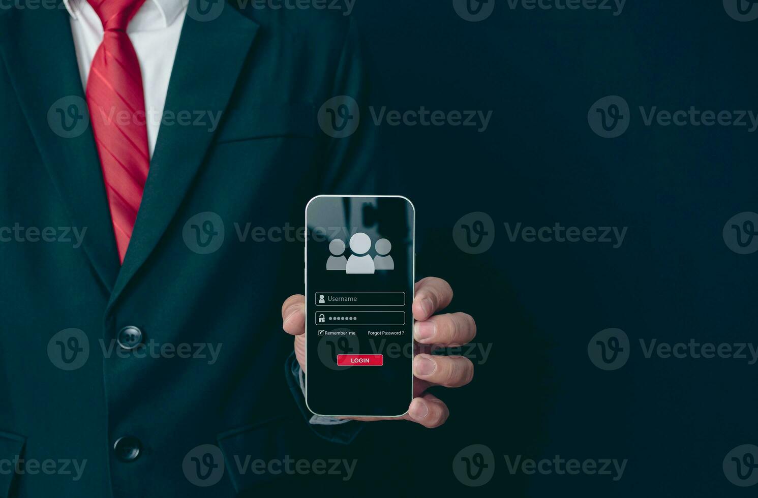 Login. A businessman's finger is holding a phone. Represents protection against external hacks. Concept of protection against code, viruses, firmware, and malware. photo