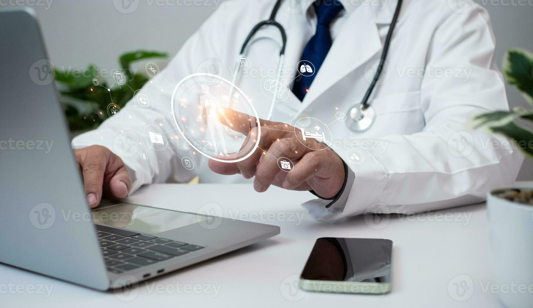 Doctors use smartphones and computers to research medical information. medical concept photo