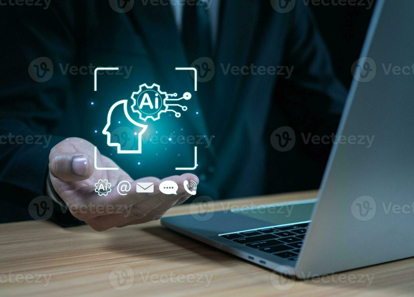 Hand touching brain of AI, Symbolic, Machine learning, artificial intelligence of futuristic technology. AI network of brain on business analysis. photo