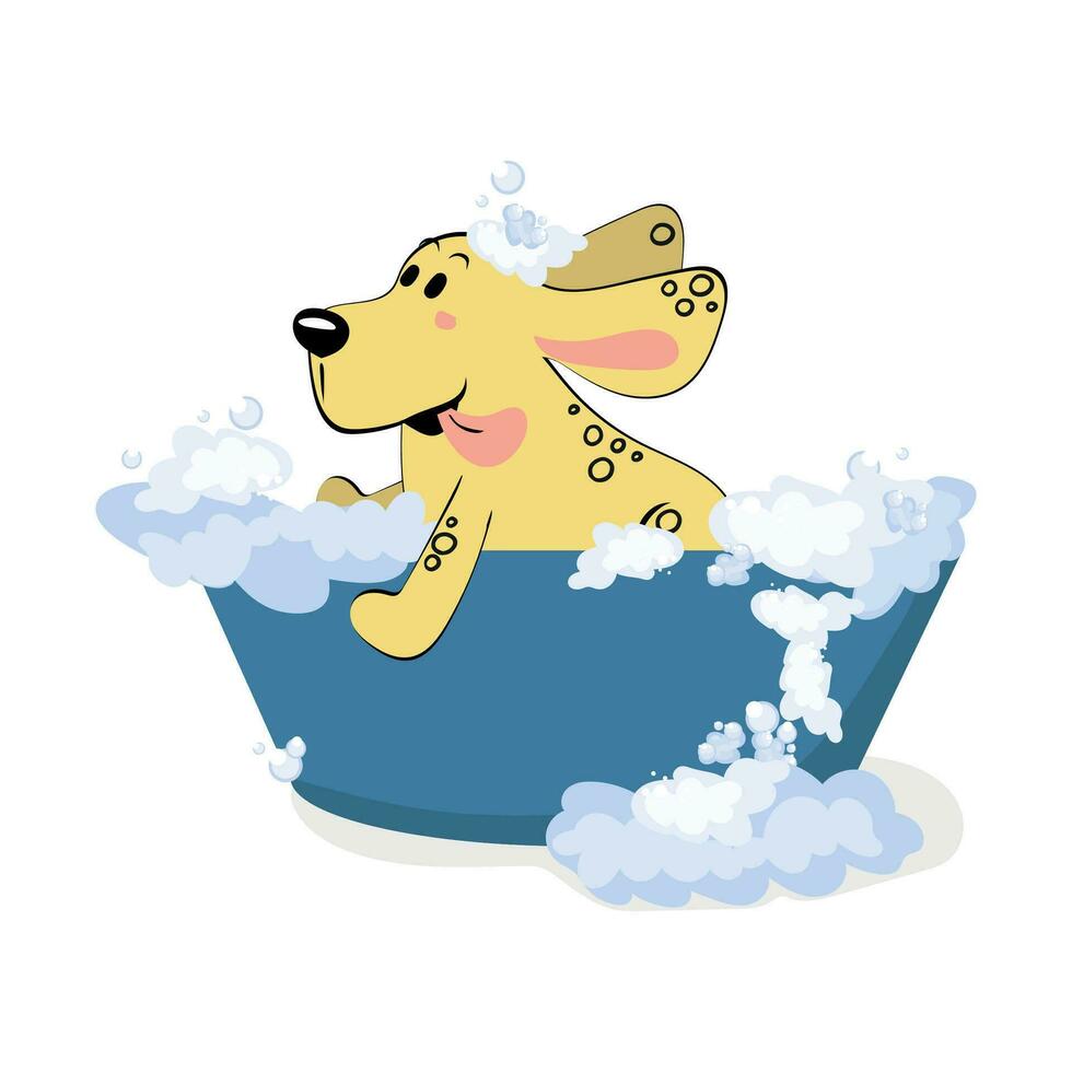 The Cute dog in a bubbles bath in a flat style. Grooming. Pet care illustration for content, label, banner, graphic and greeting card vector