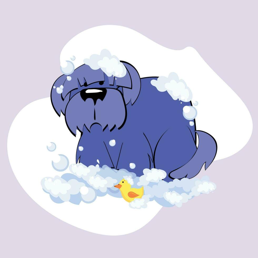The Cute dog in a bubbles bath in a flat style. Grooming. Pet care illustration for content, label, banner, graphic and greeting card vector