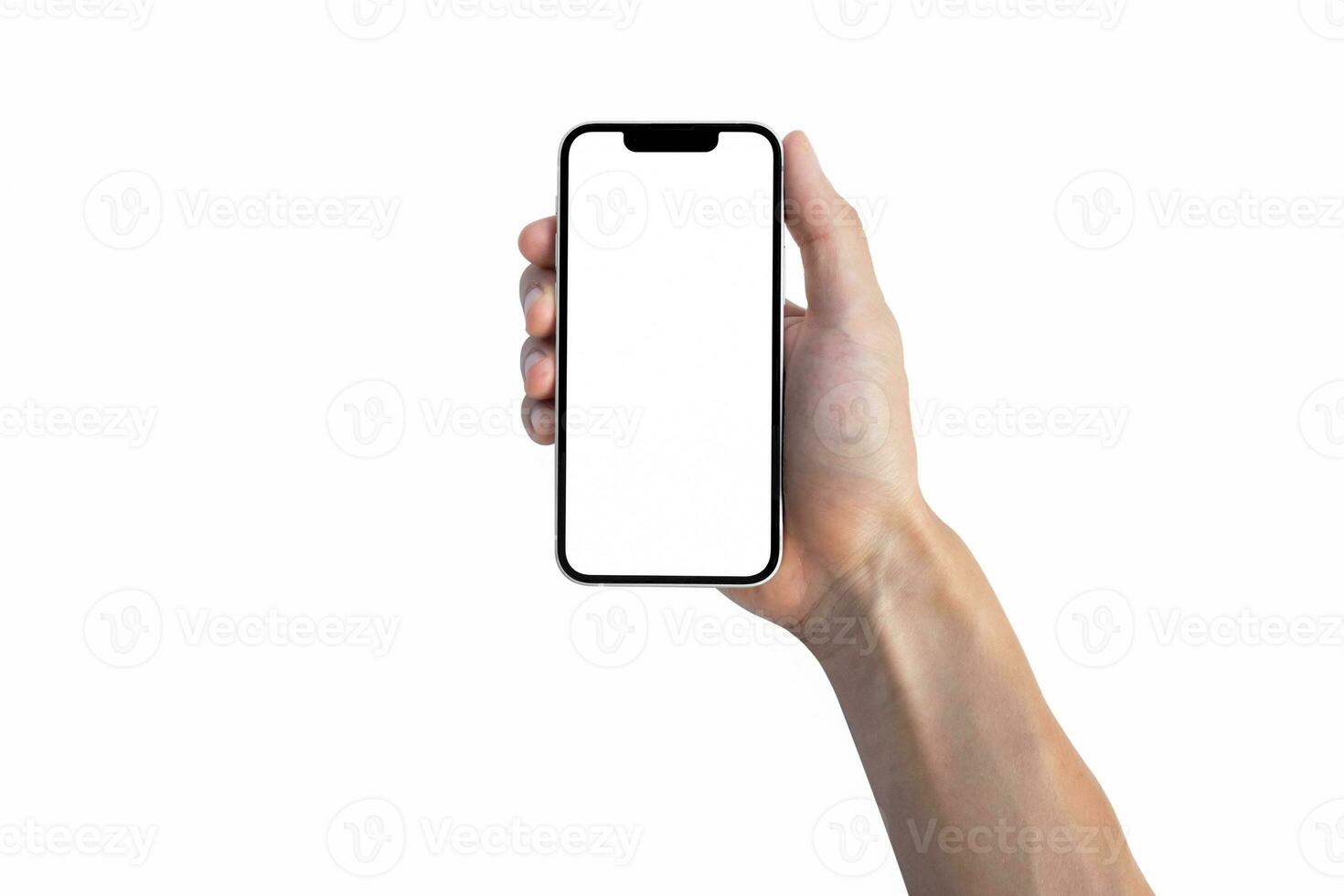 concepto para folleto y anuncio publicitario. hombre participación un teléfono con su Derecha mano, aislado en blanco antecedentes. foto
