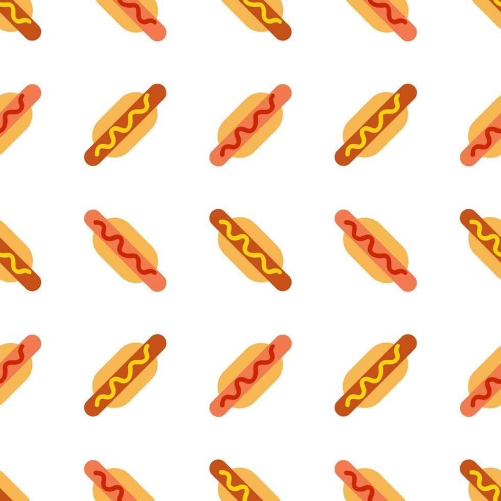 Tasty divine appetizing hot dog with mustard and ketchup fast food seamless pattern. Vector illustration in minimal cartoon flat style isolated on white background. For delivery, vendor, menu card.