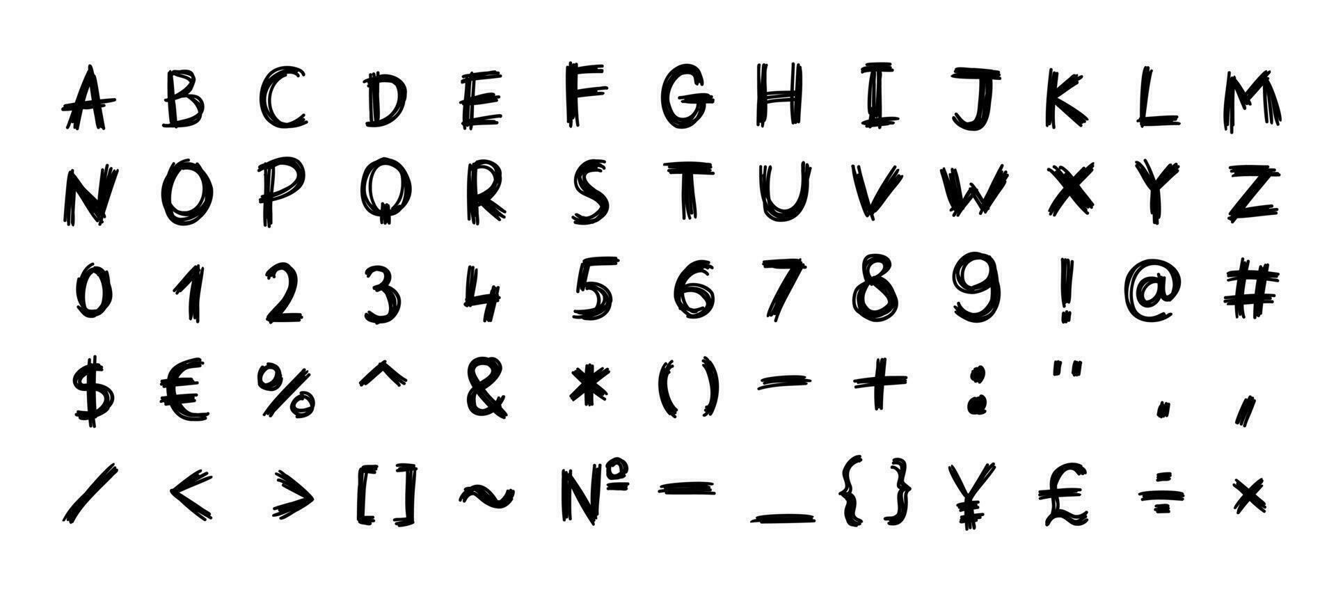divertido caracteres negro Inglés latín a B C alfabeto fuente con dígitos y símbolos escrito un a z, 0 0 a 9 9 colocar. vector ilustración en garabatear estilo aislado en blanco antecedentes. para tarjeta, logo.