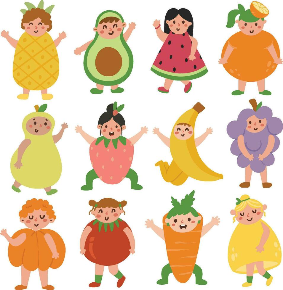 conjunto colección linda dibujos animados niños Fruta disfraz ilustración vector