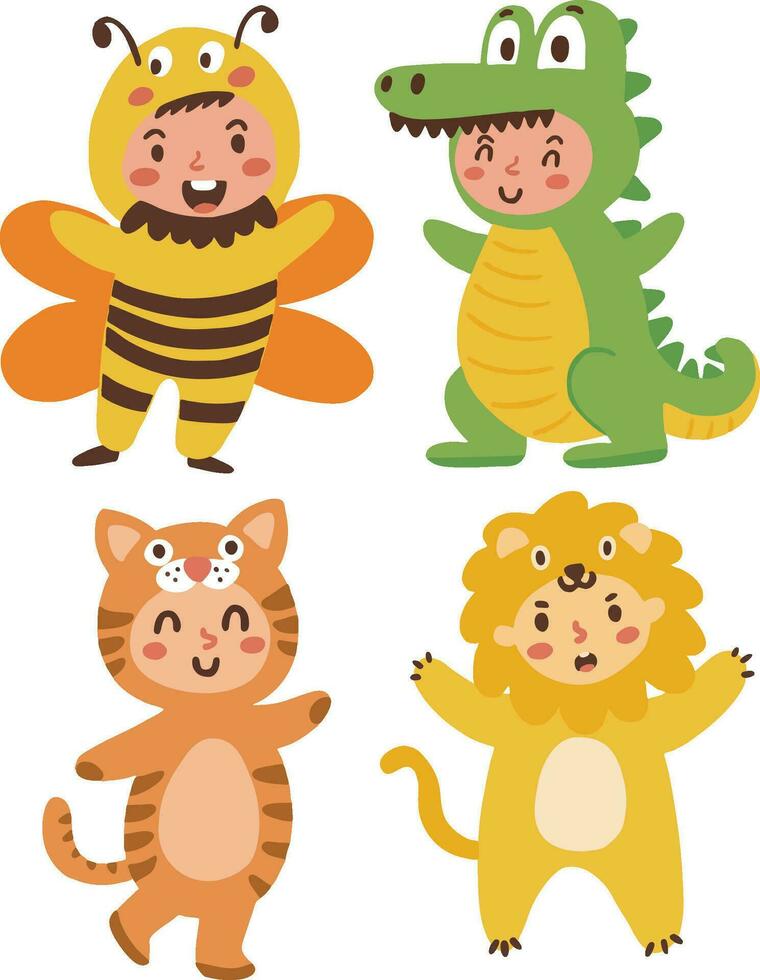 conjunto colección linda dibujos animados niños animal disfraz ilustración vector