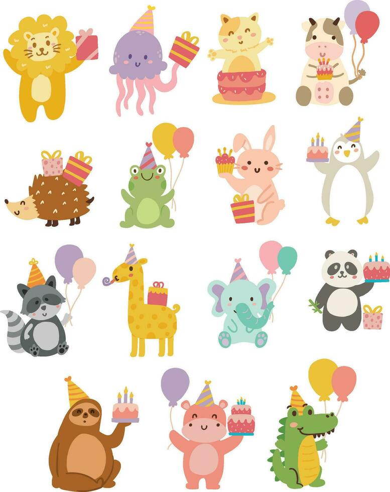 conjunto colección linda dibujos animados animal cumpleaños fiesta ilustración vector