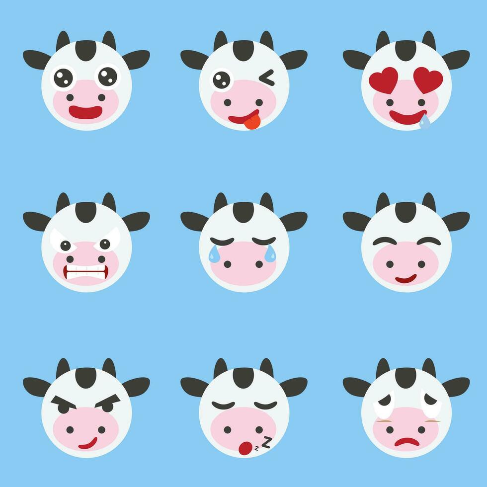 conjunto de linda vaca emoticonos.vaca cara icono en azul antecedentes vector