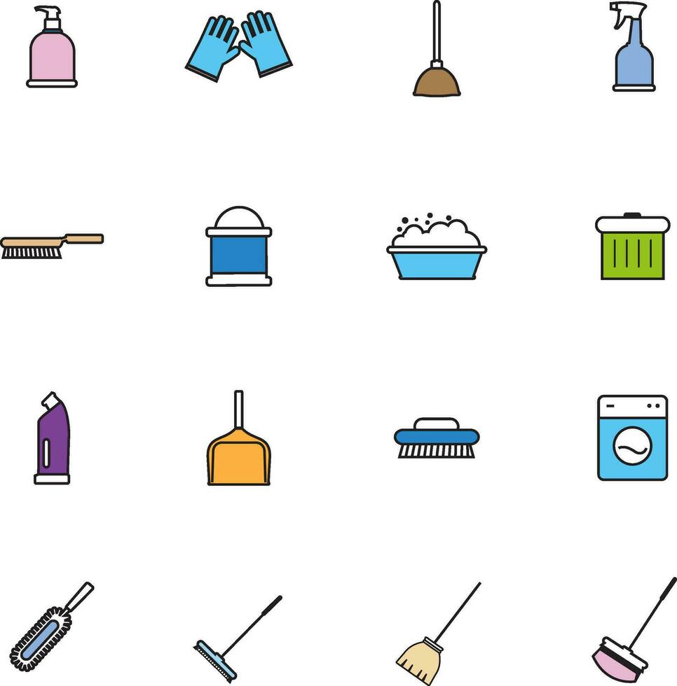 Cleaning tools line icon set vector