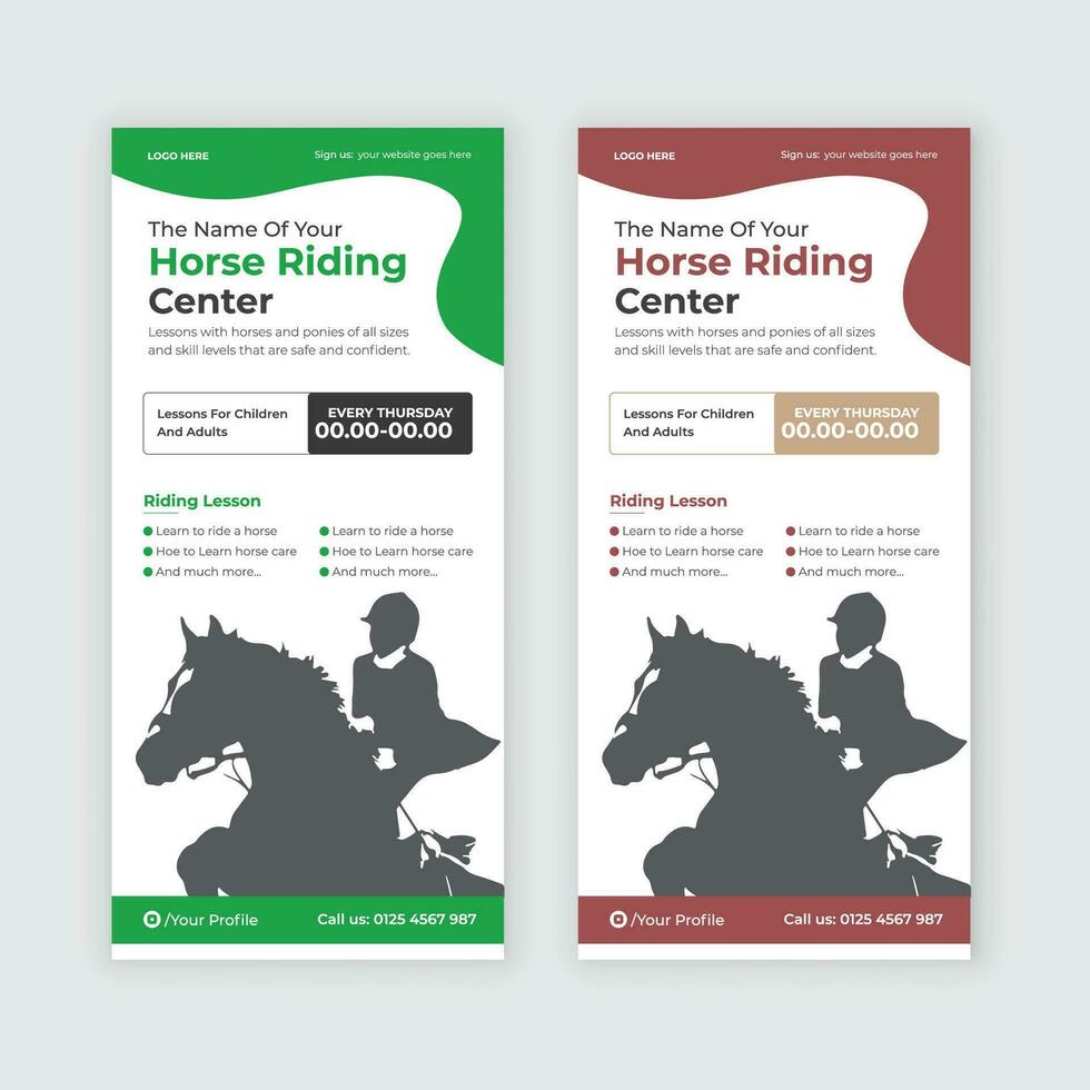 Horse riding lessons Rack Card, dl flyer, poster, leaflet Template or Horse Farm Dl Flyer design vector