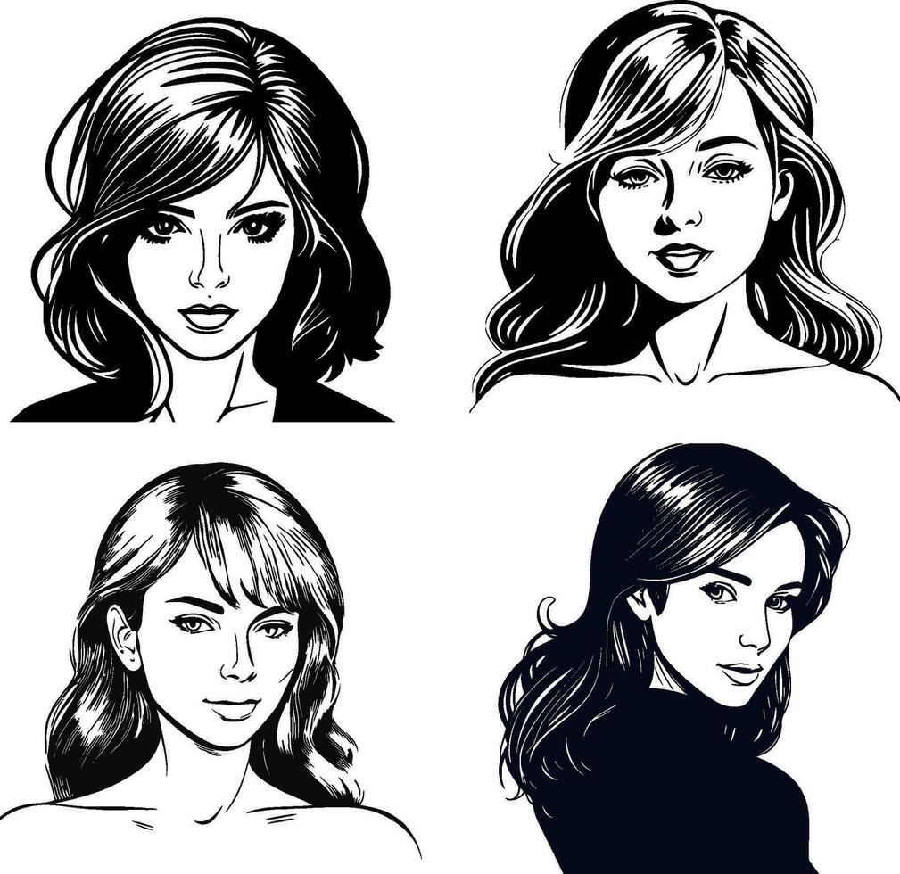 portraits of cute girl woman vector logo stencil part one