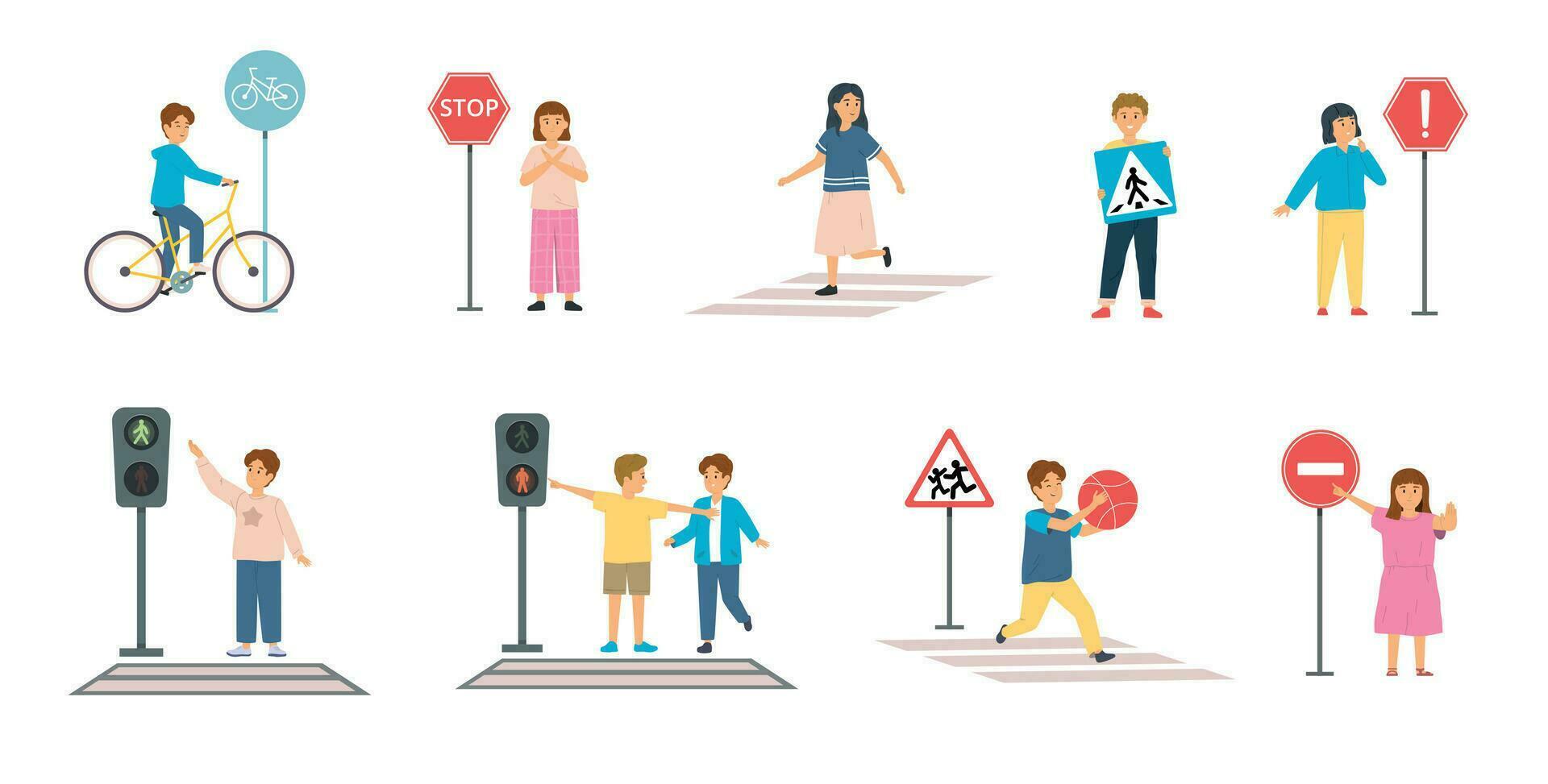 Children On Crosswalks Set vector