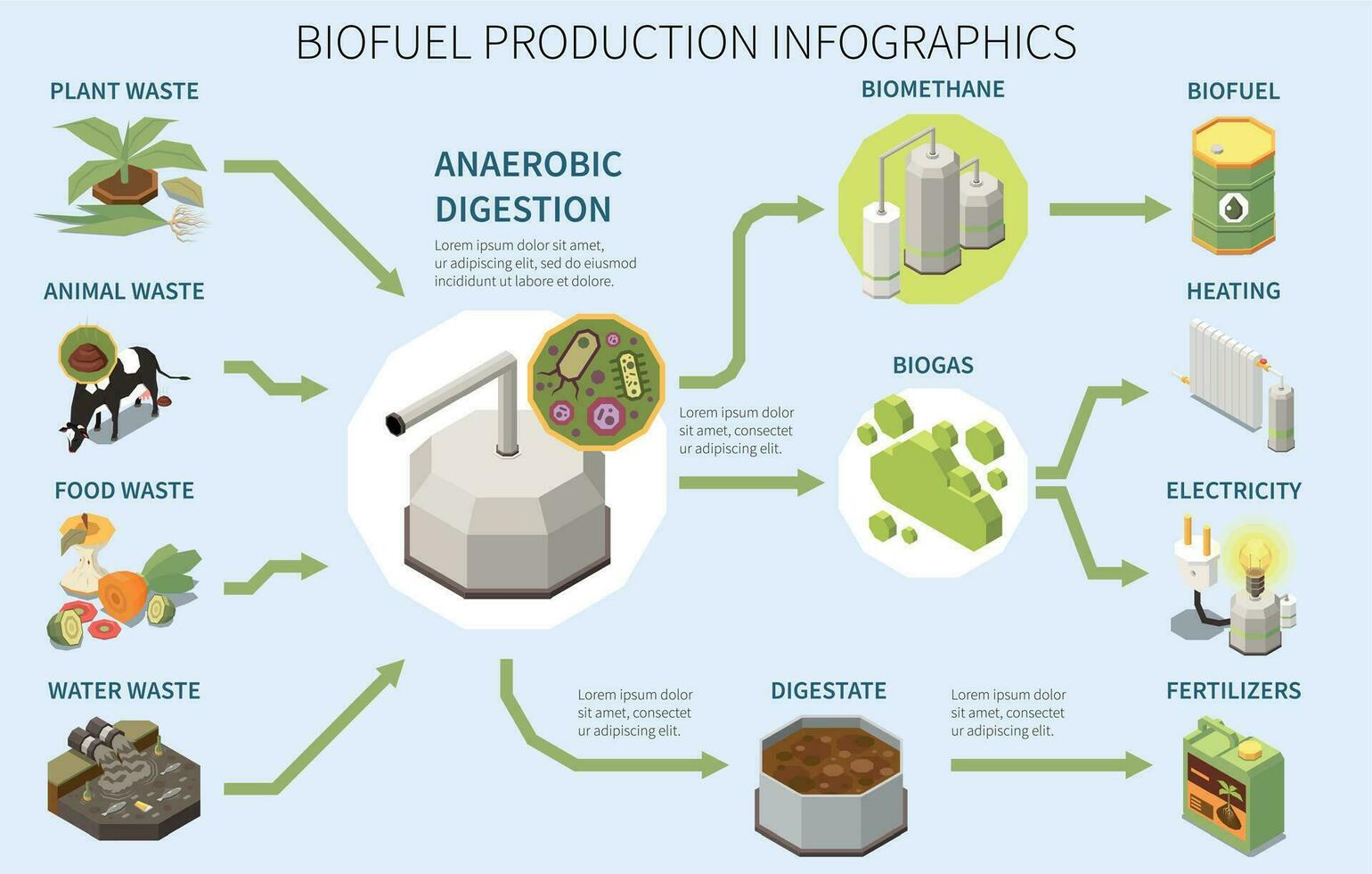 biocombustible producción infografia vector