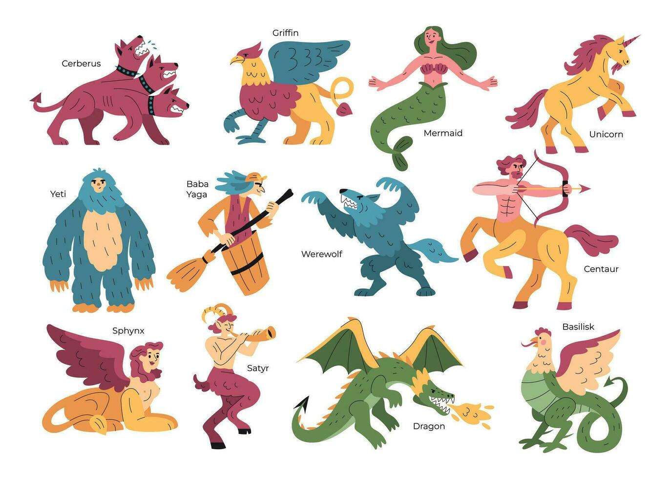 Mythical Creatures Characters Set vector