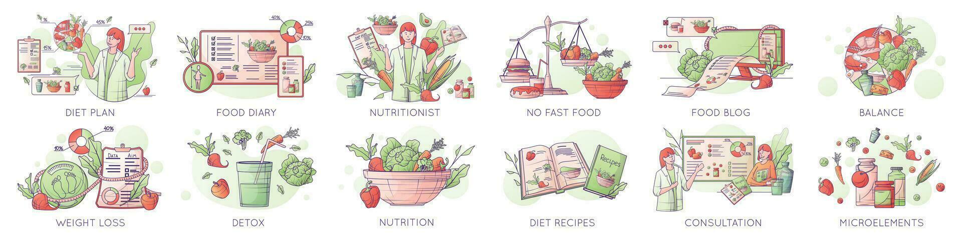 Nutritionist Recommendations Compositions Set vector