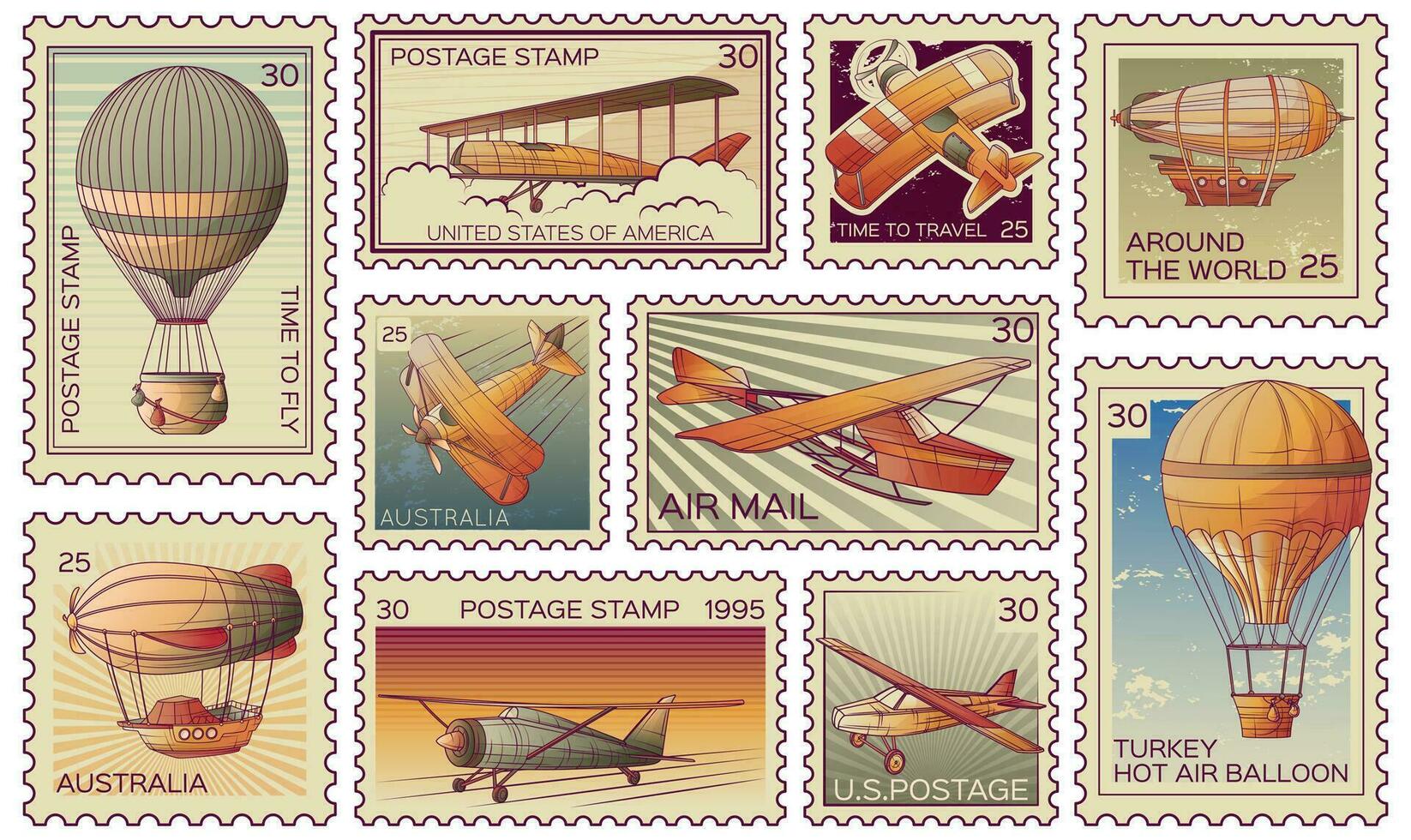 Retro Aeronautics Postage Set vector