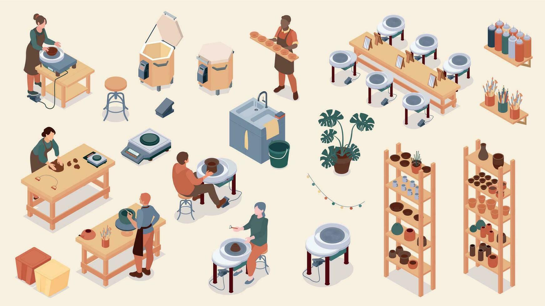 Isometric Handmade Pottery Icon Set vector