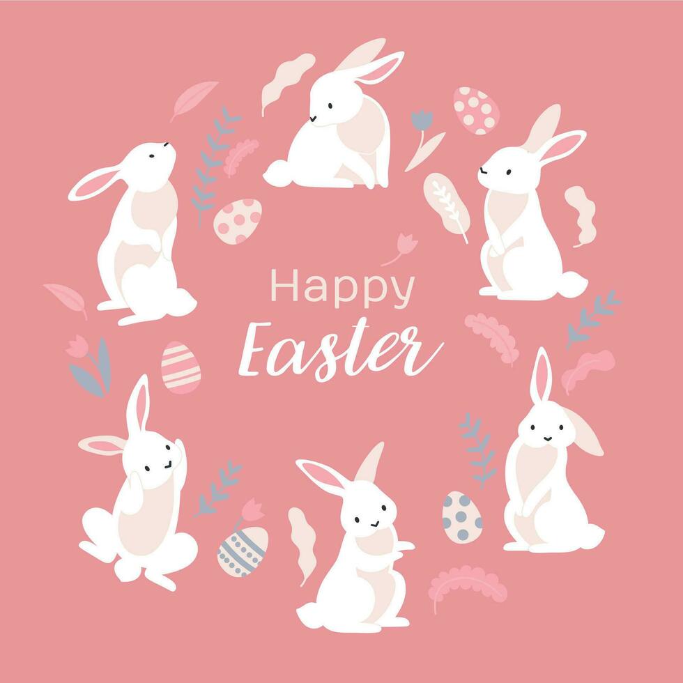 Happy easter frame with rabbits vector