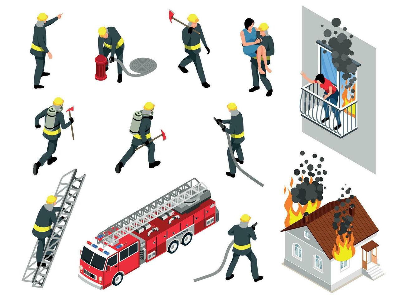 Isometric Firefighter Icon Set vector
