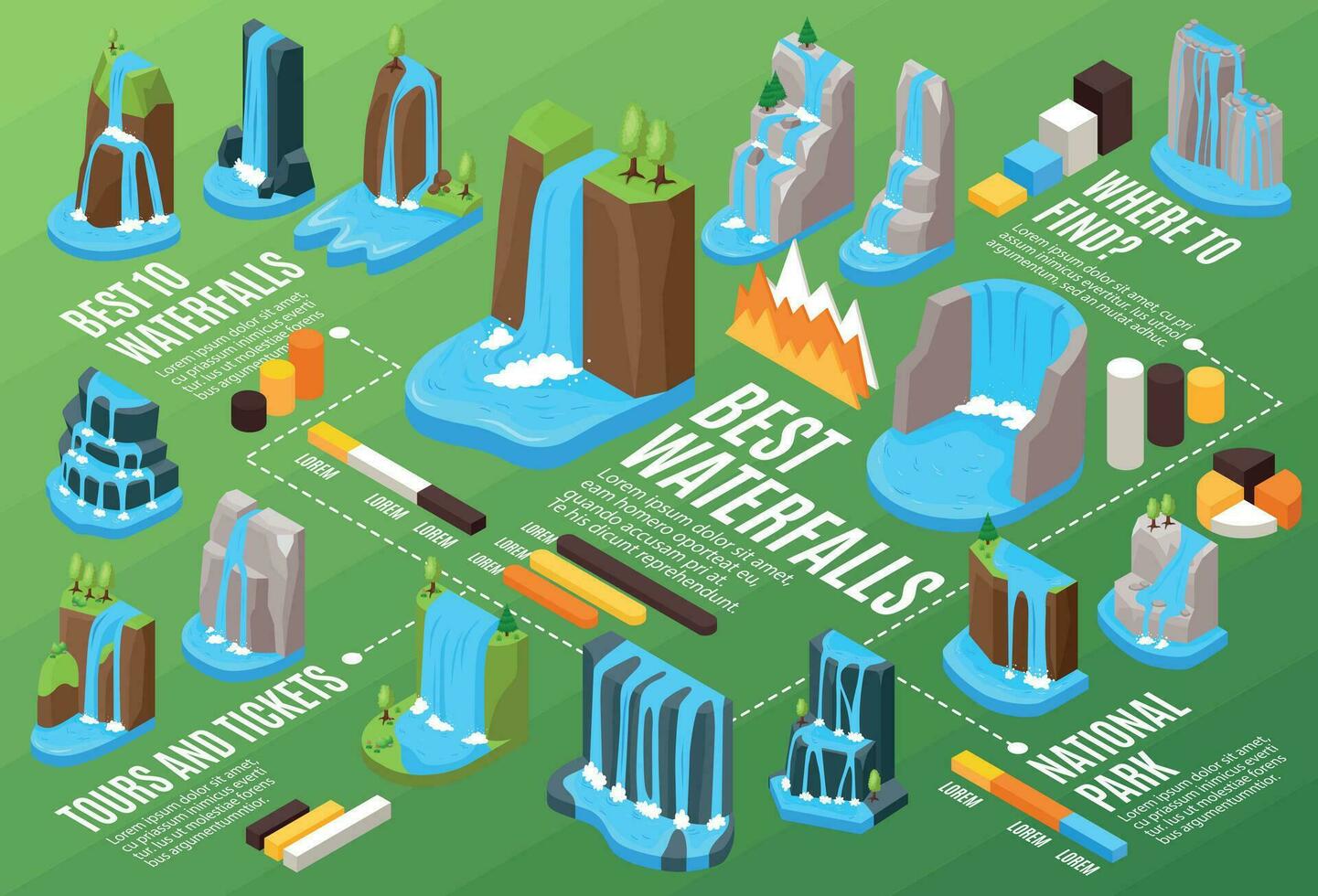 Waterfall Isometric Infographic Set vector