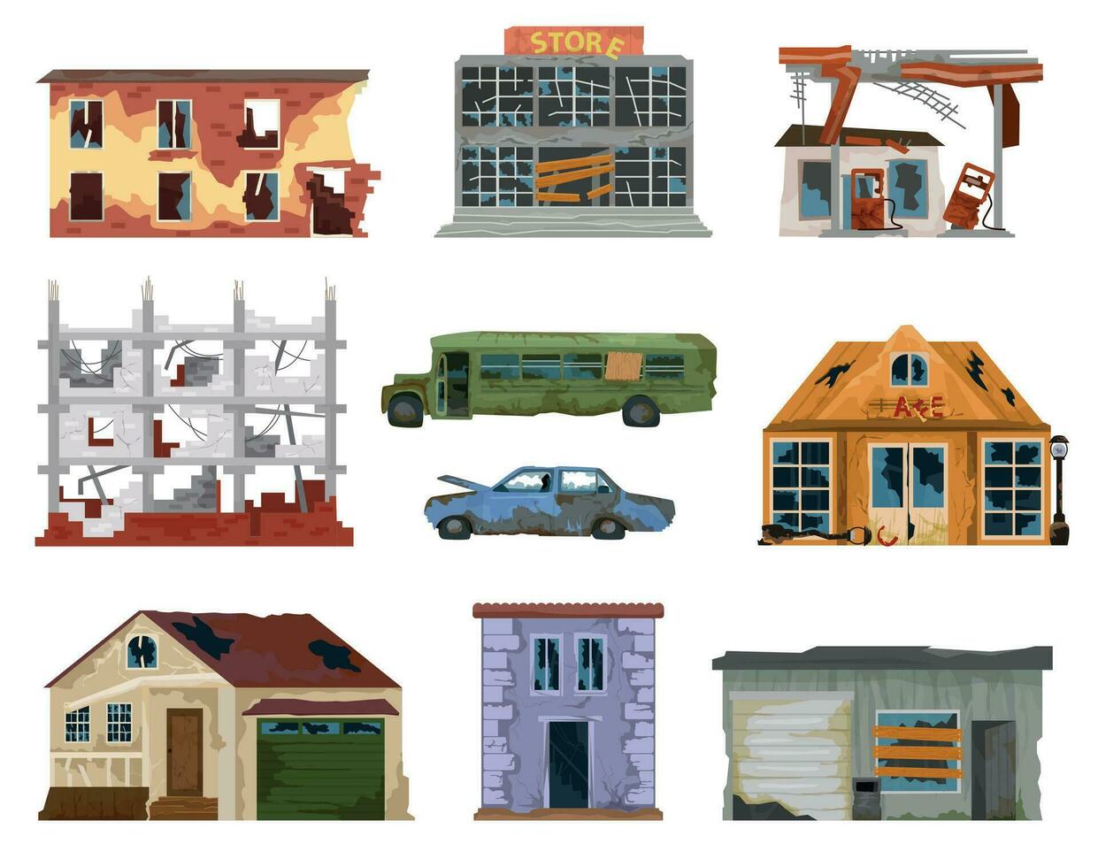 Broken City Houses Flat Set vector