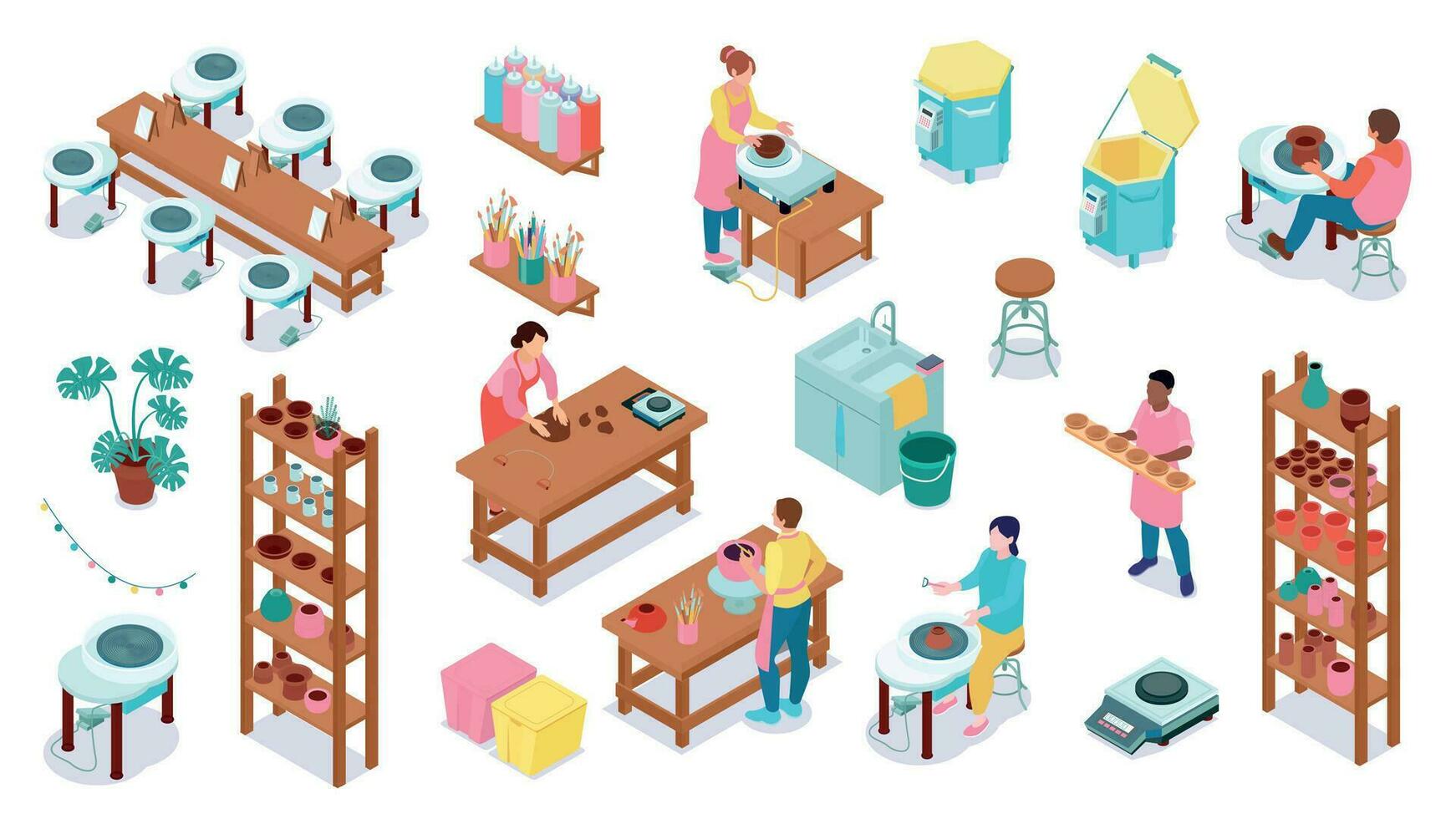 Isometric Pottery Color Icon Set vector