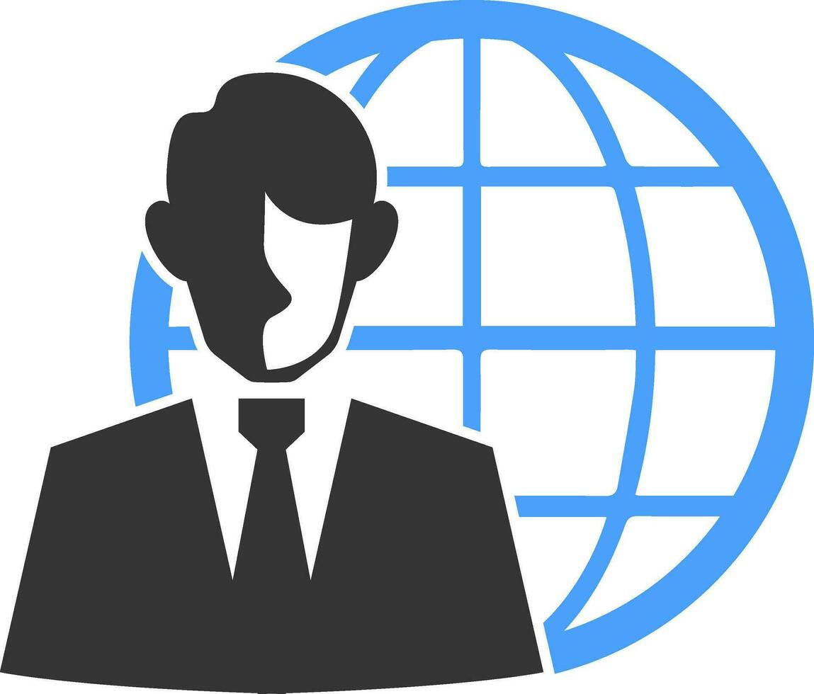 businessman in front of the world grid inside a circle icon graphic vector